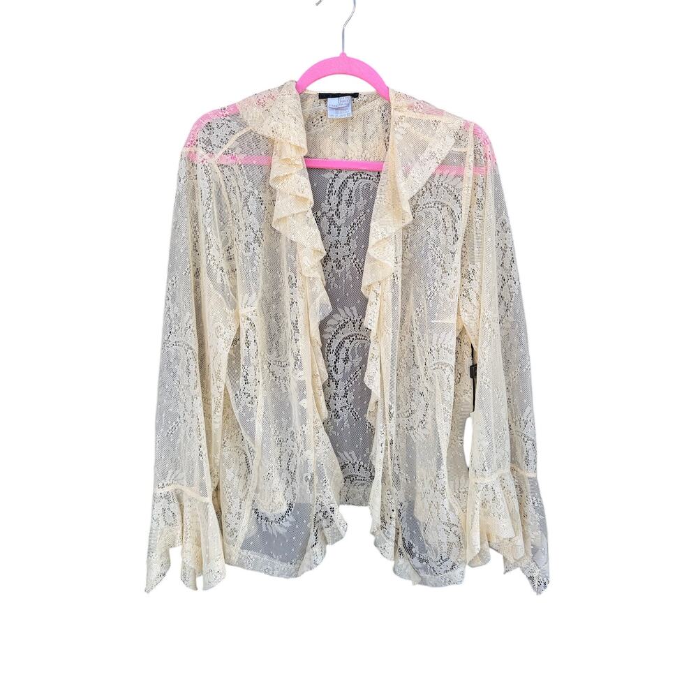 Alain Weiz Couture NWT Cream Sheer Lace Ruffle Cardigan - Size 16 Y2k